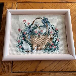 Vintage Framed Swan Cross-Stitch Art